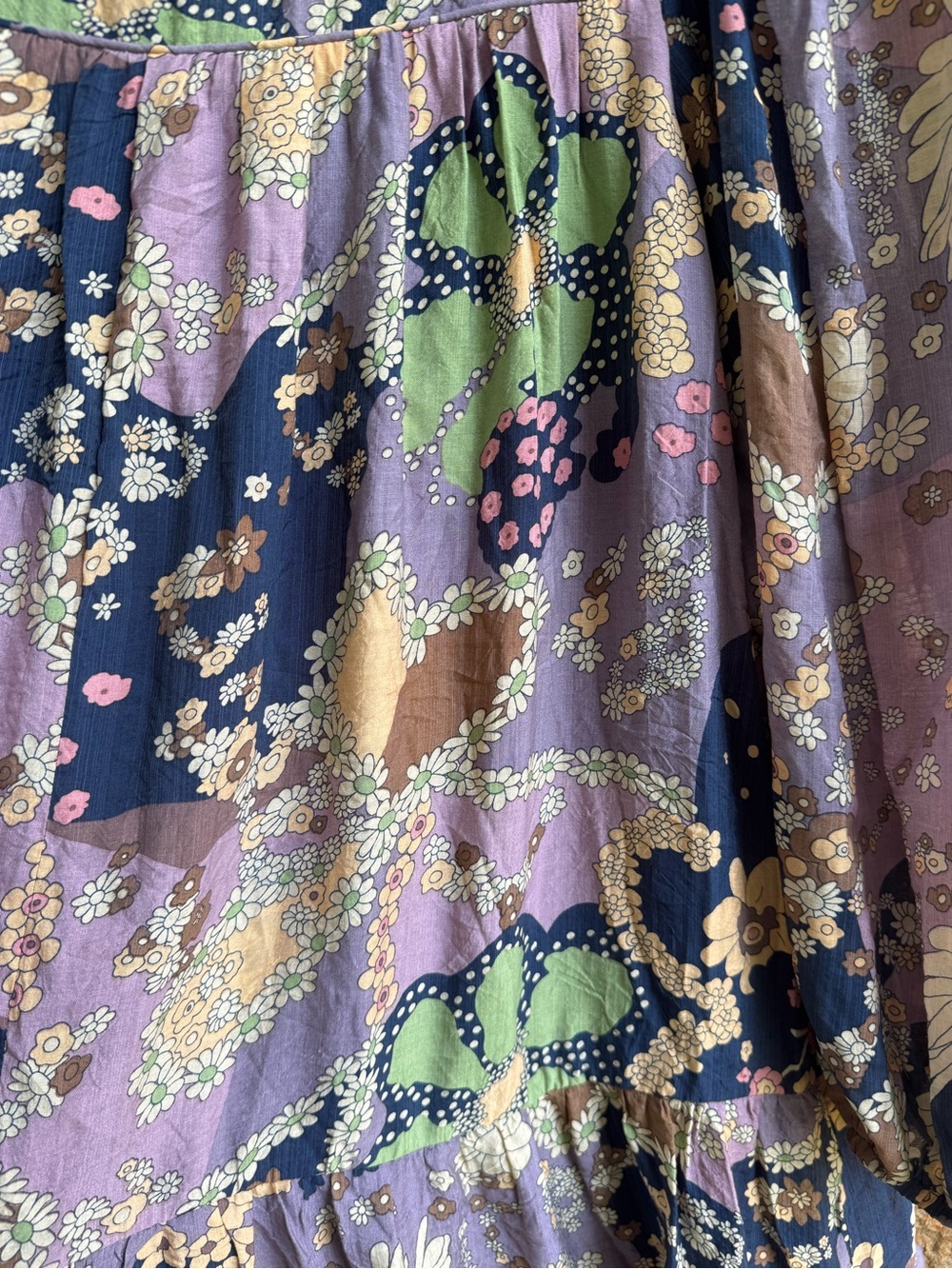 Retro 70s Print Navy & Lavender Floral Smocked Tiered Long-Sleeve Dress XL Boho - Picture 11 of 15